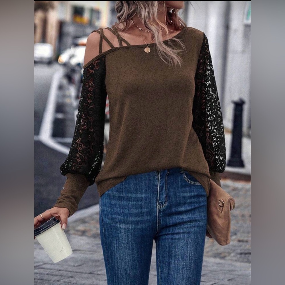 Women’s Lace Sleeves Cold Shoulder Brown & Black Shirt Size 8-10
